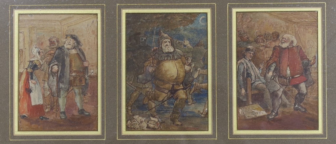 British School, early 20th century, triptych pen and ink and watercolour illustrations in the same frame, medieval figures in costume, 14 x 9cm